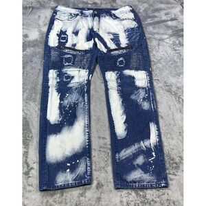 Bleecker & Mercer Mens Moto Jeans Fits 38x30 Blue Paint Splatter Stretch Denim